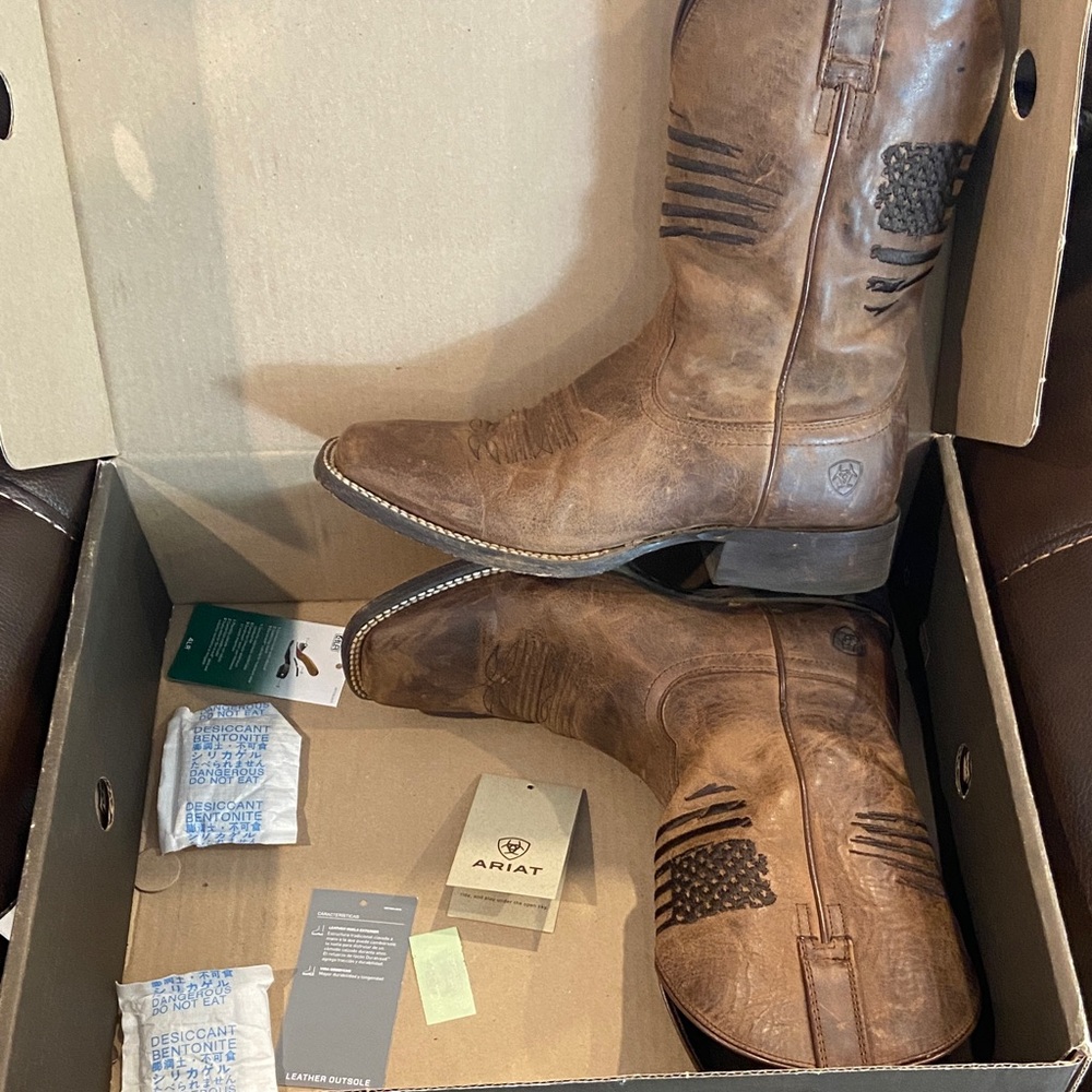 Ariat Distressed Brown Leather Boots with American flag on the side